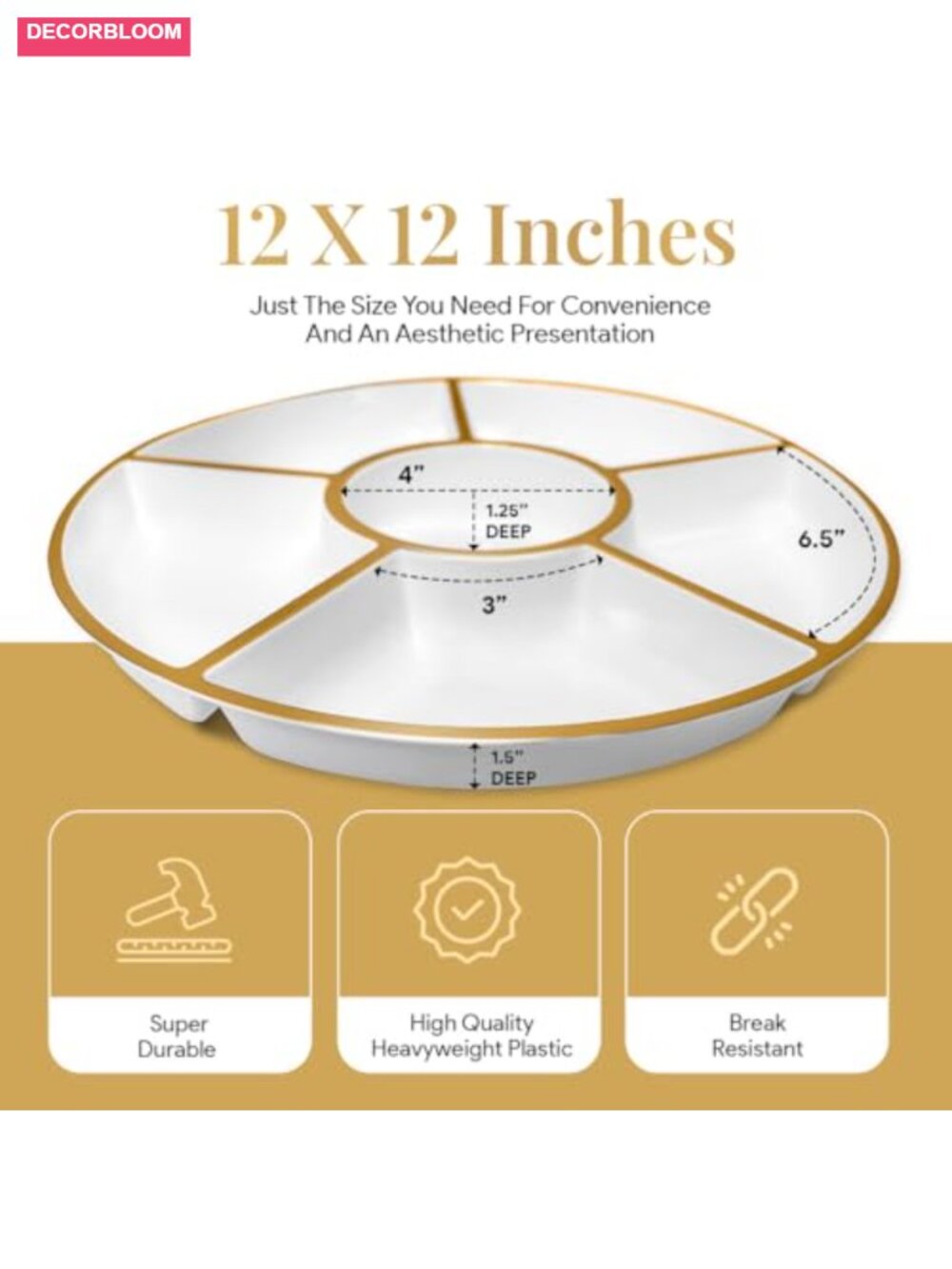 4 Pack 6-Section White Plastic Serving Trays Gold Rim 12" Platters - Picture 3 of 5